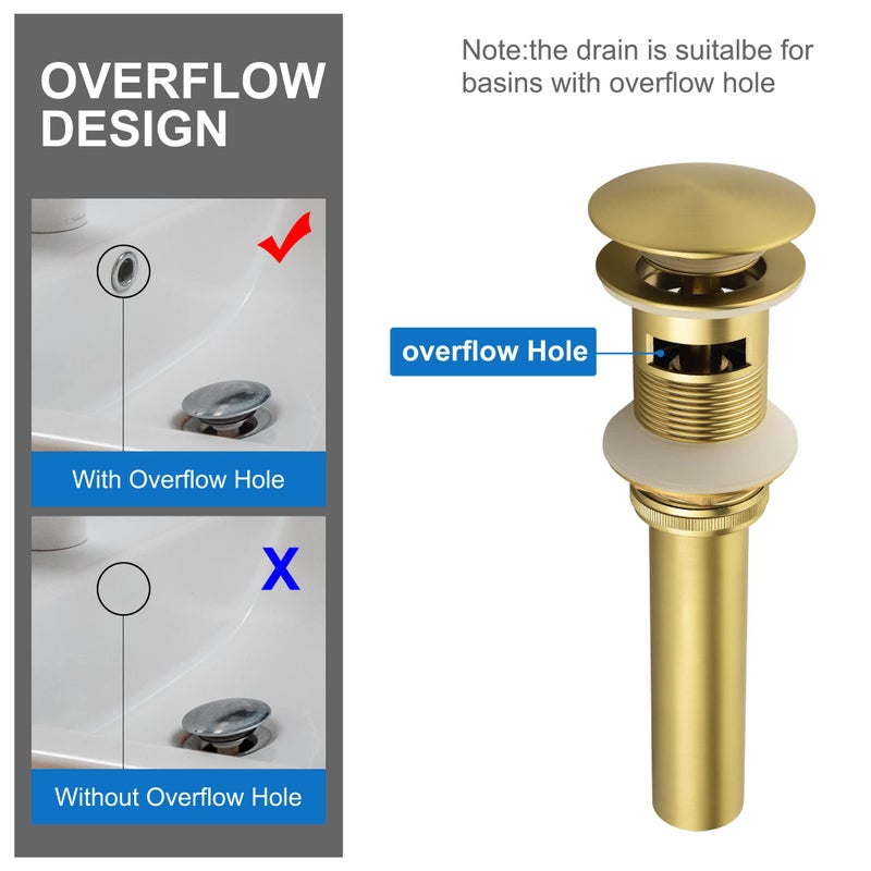 SHAMANDA Brass Bathroom Sink Drain, Vessel Vanity Sink Pop Up Drain Stopper with Overflow Lavatory Drain Assembly, Brushed Gold, DS101-3 - Image 4
